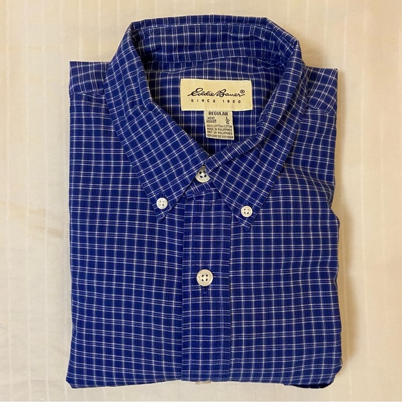 Eddie Bauer blue long sleeve checkered plaid collared dress shirt sz L - Picture 13 of 14